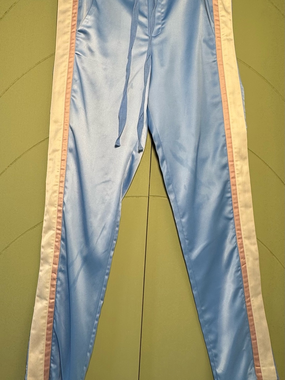 #809 PAM & GELA Baby Blue Satin Track Pants with Pink & White Side Stripes